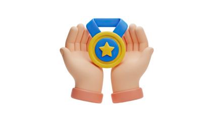 3D Hands holding a gold medal with a star award on transparent background