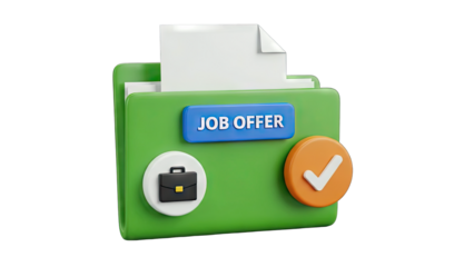3D Job Offer Folder Icon with Briefcase and Checkmark on transparent background