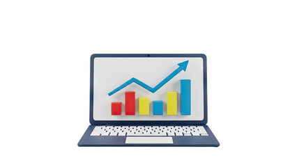 3D Laptop displaying a 3D bar graph with an upward trend arrow on transparent background