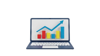 3D Laptop displaying a 3D bar graph with an upward trend arrow on transparent background