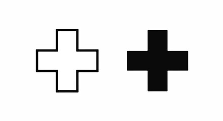 Obraz premium Two plus signs, one black and one white with a black outline, on a white background in a simple graphic design.