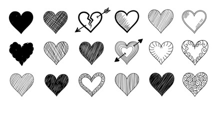 Collection of hand drawn heart illustrations in black and white