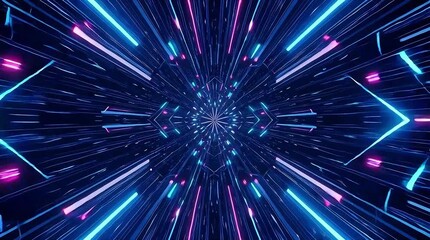 Vibrant neon lights exploding in a futuristic tunnel of blue and pink hues