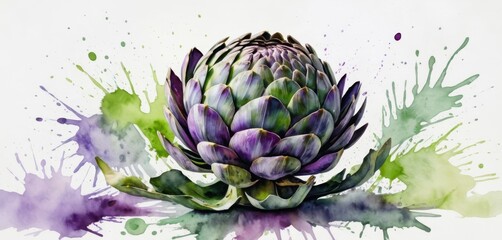 Fototapeta premium Watercolor artichoke with purple and green leaves on a white background Artistic paint splatters adorn the scene