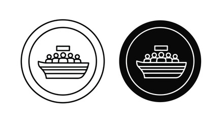 Two circular icons depicting a boat with people on a white and black background.