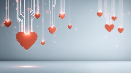 valentine future Hanging hearts with digital elements on a soft blue background.