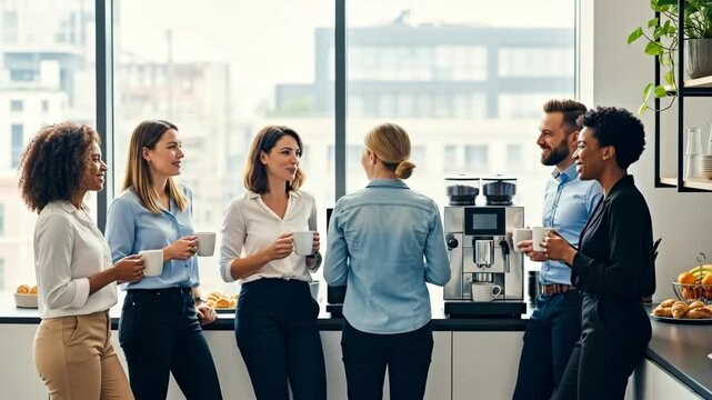 Group of business people chatting by coffee machine, office break. For business articles