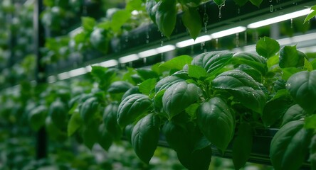 Greenhouse basil plants growing under lights.