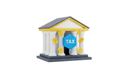 3D Tax Building with Coins on transparent background