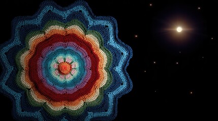 Abstract Colorful Mandala Design Illuminated On Black Background With Glowing Orb