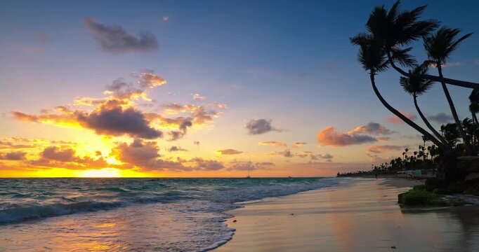 Ocean beach sunrise tropical landscape of caribbean sea and beach shore Punta Cana Dominicam republic