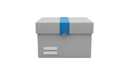 3D Gray gift box with blue ribbon and blank label on transparent background