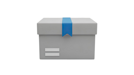 3D Gray gift box with blue ribbon and blank label on transparent background
