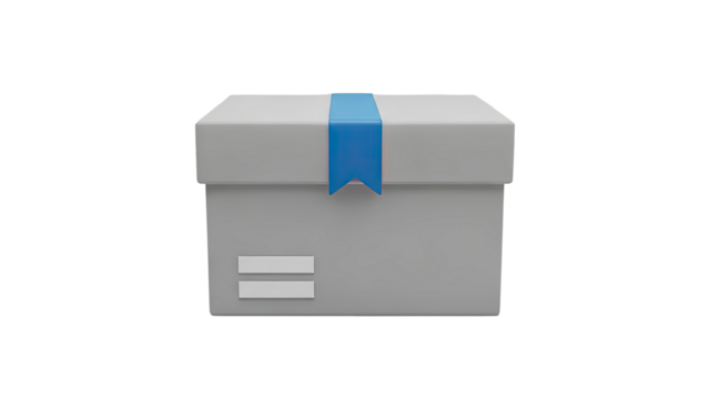 3D Gray gift box with blue ribbon and blank label on transparent background - Powered by Adobe