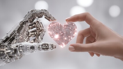 Fototapeta premium valentine future A robotic hand and a human hand reach for a digital heart.