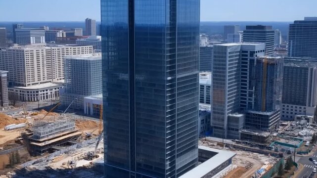 A massive construction timelapse of a glass skyscraper being built from ground to completion with cranes and steel beams against a city skyline, concept of corporate ambition and architectural achieve