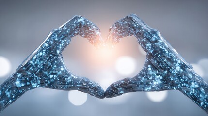 valentine future Hands forming a heart shape with a digital circuit design.