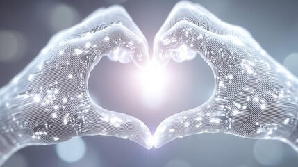 valentine future Hands forming a heart shape with a glowing core in digital style.