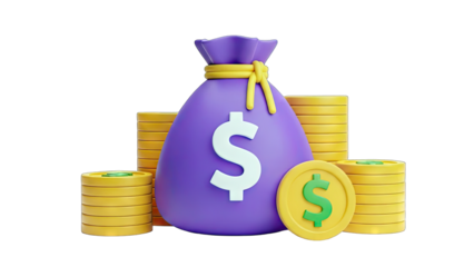 3D Money Bag with Dollar Signs and Stacks of Coins on transparent background