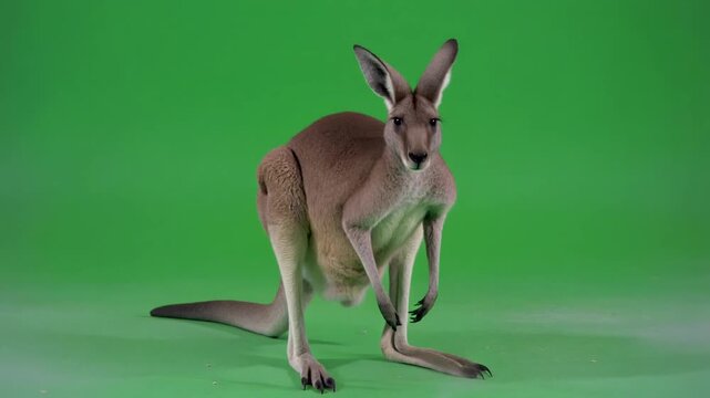 Kangaroo standing on green background looking at camera.