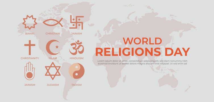 A set of light peach icons featuring major faith symbols (Bah&aacute;&rsquo;&iacute;, Christianity, Islam, Hinduism, Jainism, Judaism, Taoism) beside a muted world map, promoting global harmony, respect, and interfaith.