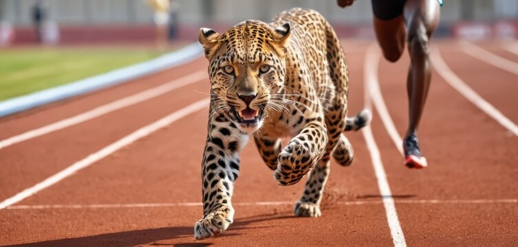 A powerful leopard running on a red athletic track alongside a fast blurred human athlete