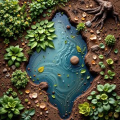 A square conceptual nature visual where the textures of water soil and vegetation blend together int