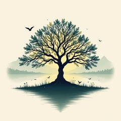 A square modern conservation poster design featuring a symbolic wetland tree rooted in shallow water