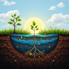 A square eco centric poster visual showing layered natural forms representing soil roots water and s