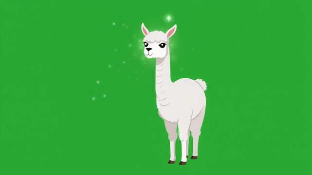 White llama cartoon character on green background with sparkles.