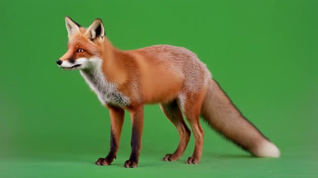 Red Fox Standing on Green Background.