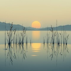 A square minimalist wetlands composition featuring a calm reflective basin of water framed by gentle