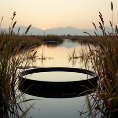 A square minimalist wetlands composition featuring a calm reflective basin of water framed by gentle