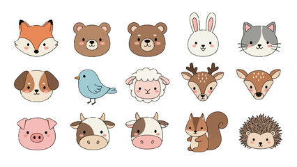 Large collection of cute cartoon animal faces, including fox, bear, bunny, cat, dog, and pig, with friendly and happy expressions, isolated white background © Khansa505