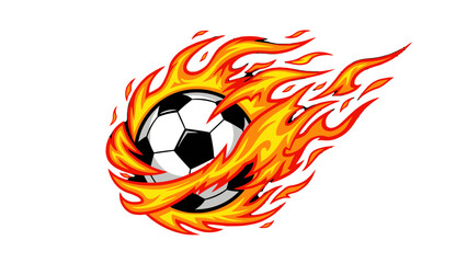 Intense flaming soccer ball engulfed in vibrant orange and yellow fire, symbolizing power and speed, isolated white background © Khansa505
