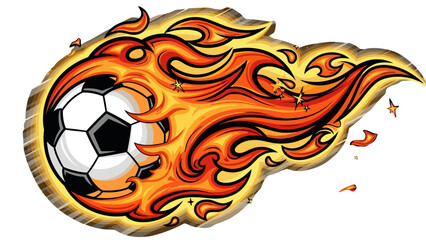 Dynamic flaming soccer ball with fiery orange and yellow flames trailing, depicting speed and power, isolated white background © Khansa505