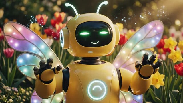 Animated Yellow Bee Robot Among Colorful Flowerbed Displaying Gentle Gestures In A Blooming Garden With Soft Lighting Effect and