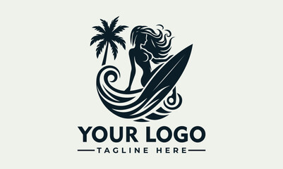 Vector logo featuring a surfing woman on a wave with a palm tree and customizable text on a light green background.
