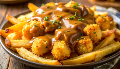 Close-up of loaded fries with gravy and golden fried food