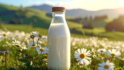 A glass bottle of milk is presented in a field of wildflowers with a blurry green backdrop