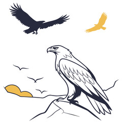 Obraz premium White Hawk Perched on Rock with Flying Birds