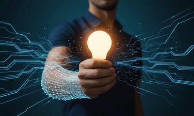 Man holding glowing light bulb innovation.
