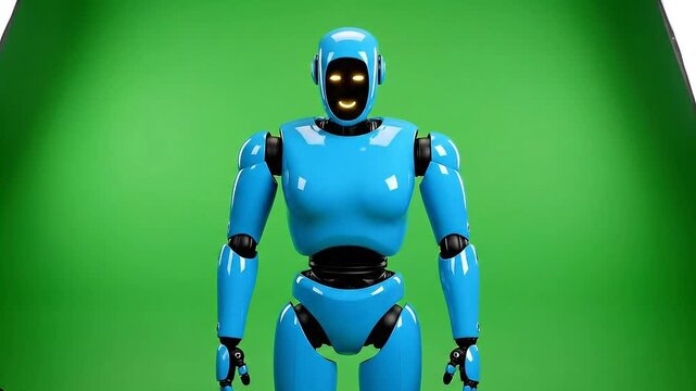 Blue Robot Bowing on Green Screen Backdrop with Front Angle Studio Lighting Robotic Character Animation Element Visual Effect and