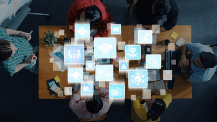 Naklejka premium Business concept icons showing mergers and acquisitions, partnership, investment, and growth. mergers and acquisitions creates synergy, supports expansion, and drives corporate value. Entice