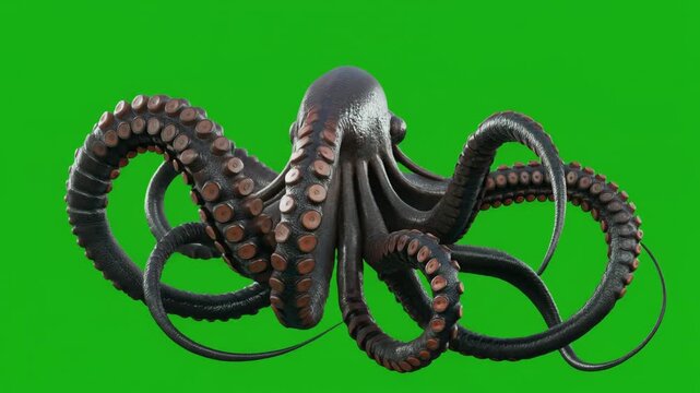 Dark tentacled octopus with suckers on green background.