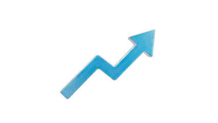 3D Blue 3D arrow indicating growth and positive trend on transparent background