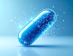 A luminous, elongated capsule floats, enveloped by a network of interconnected points and lines, against a gradient blue background