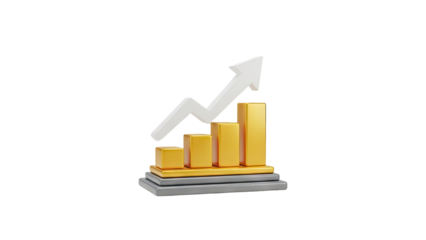 3D bar chart with upward trending arrow on transparent background