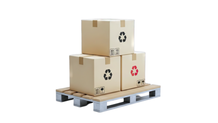 3D Boxes stacked on a pallet with recycling symbols on transparent background