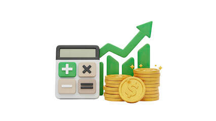 3D Calculator with growing stock market graph and coins on transparent background
